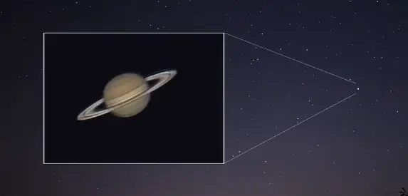 image comparing Saturn's rings as seen with the naked eye and through a telescope