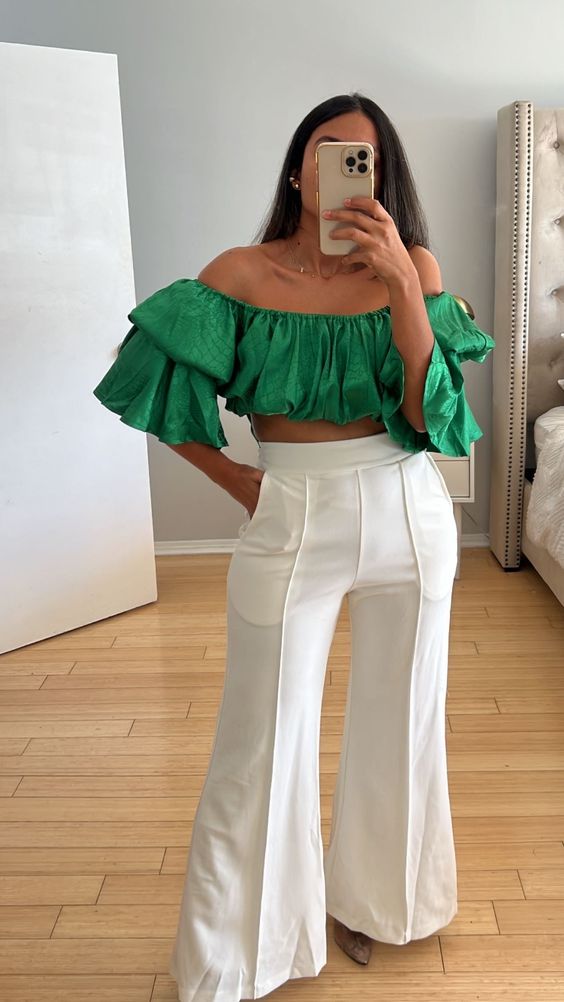 Off-the-shoulder tops with White Pants