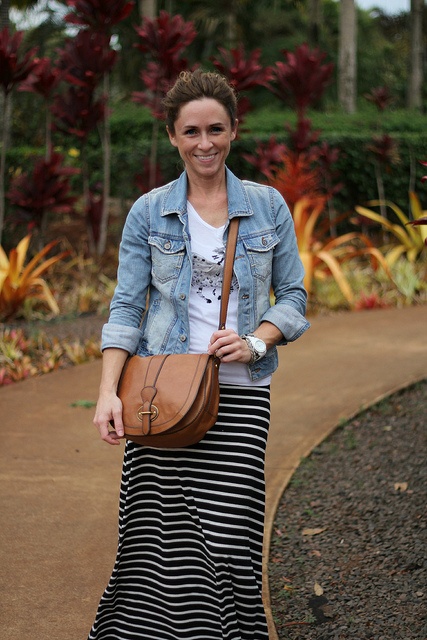 Striped Maxi Skirt with Denim Jacket